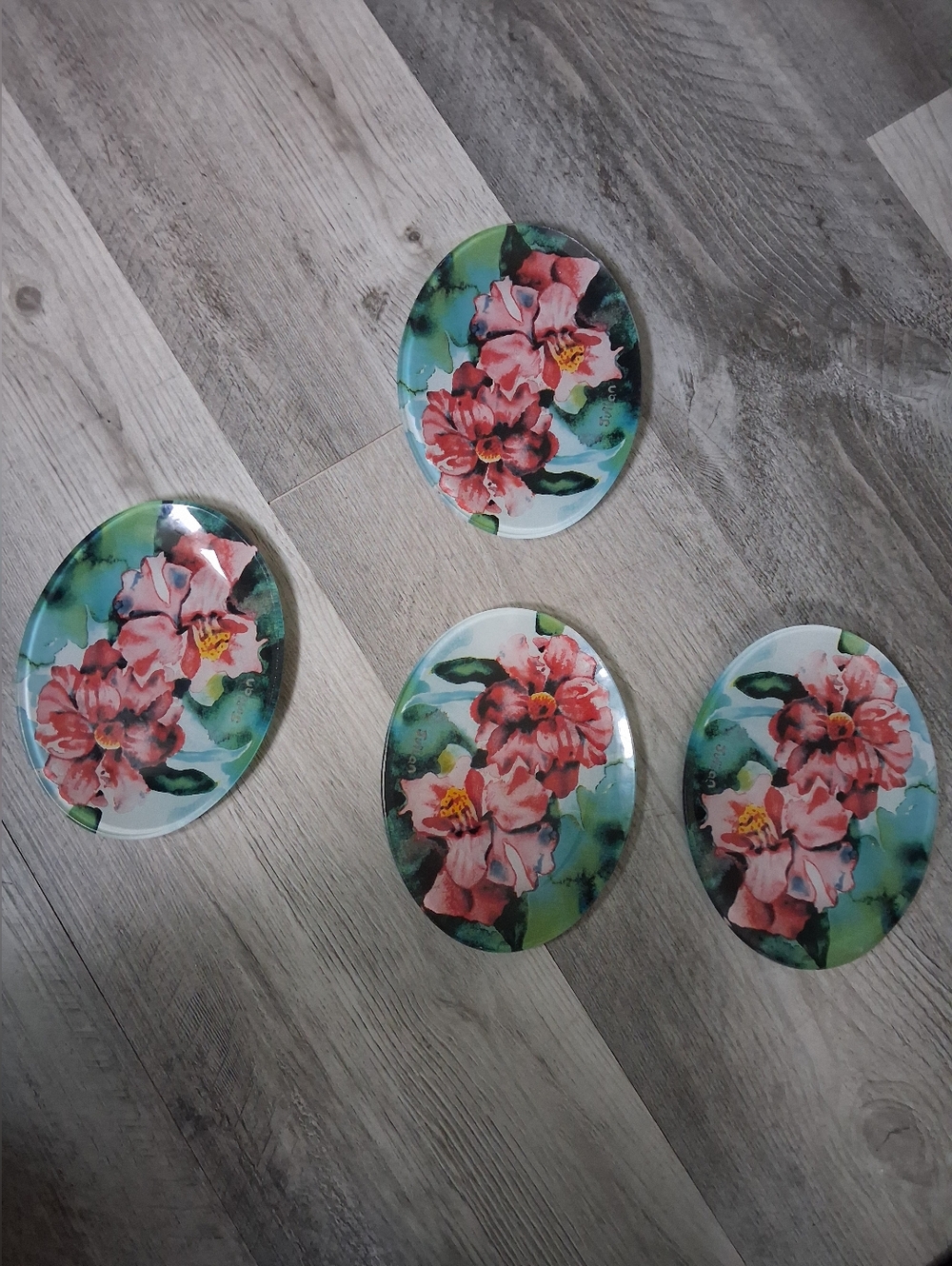 Floral Glass Plates - Pink & Green Set of 4,signed With JULIAN